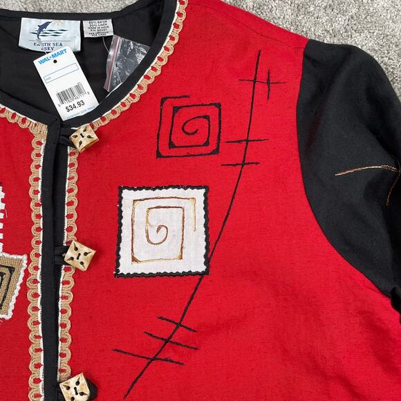 VTG Patchwork Embroidered Top Sz M Red Black Long Sleeve Funky Abstract Linen - Picture 9 of 13